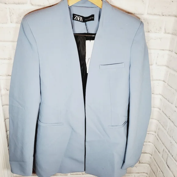 Zara collarless blazer blue size medium nwt new with tag long sleeve - Picture 2 of 9